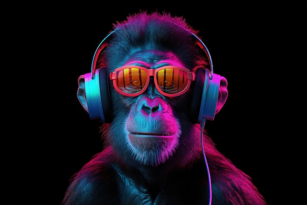 A monkey wearing headphones and glowing glasses generative AI