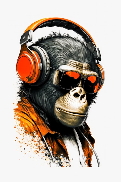 Monkey wearing headphones and sunglasses with orange paint splatters on it Generative AI