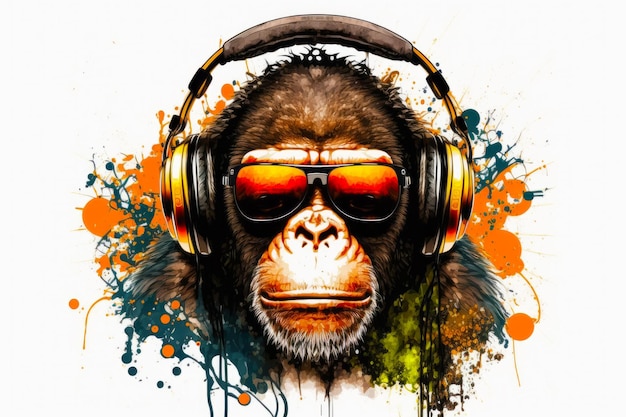 Monkey wearing headphones and sunglasses with splash of paint behind it Generative AI