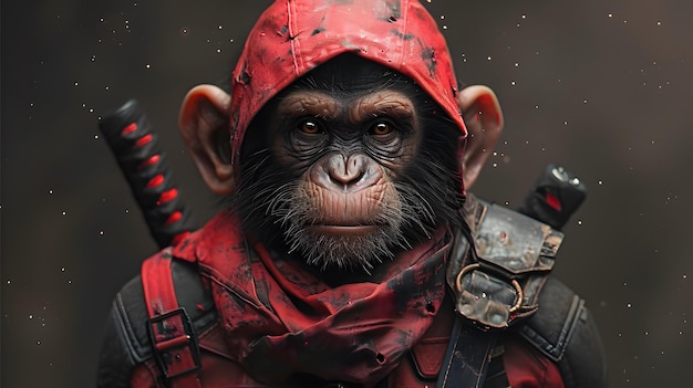 A monkey wearing a red hoodie and holding two swords The monkey has a menacing look on its face