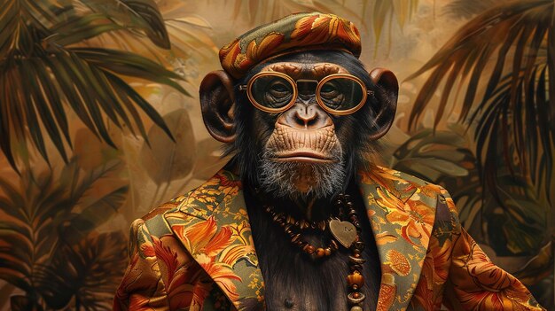 A monkey wearing a suit and sunglasses is sitting in a jungle setting