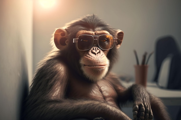 A monkey wearing sunglass poses in a brightly lit studio setting ai generated