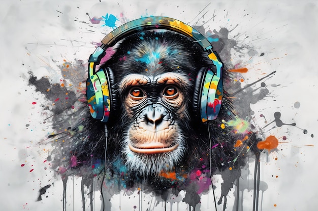 Monkey wearing sunglasses with headphones enjoys the music Wildlife illustration generative AI