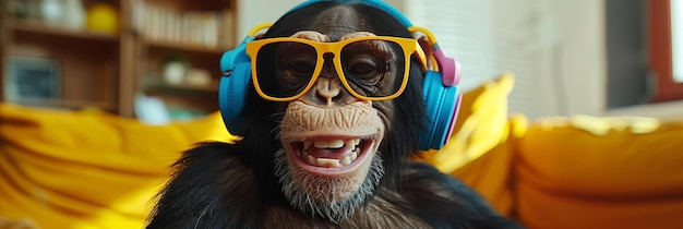 Photo a monkey wears colorful sunglasses and bluetooth headphones in the living room