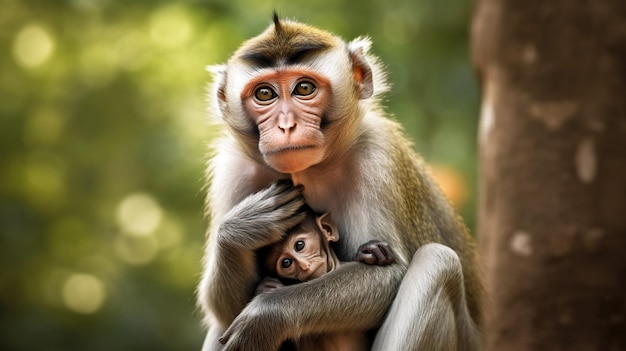 A monkey with a baby on her chest