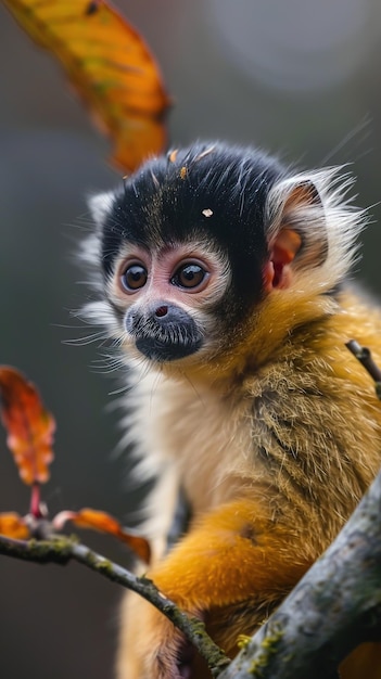 a monkey with a black face and a red eye and a black background