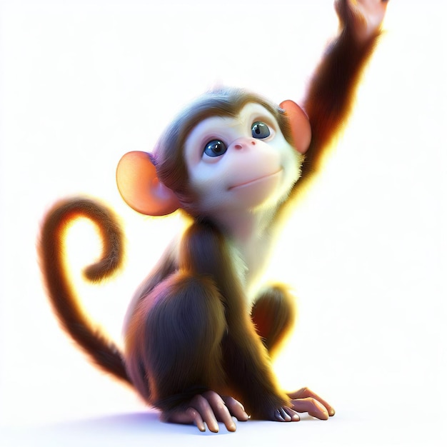 A monkey with blue eyes is waving to the camera.