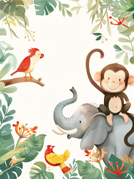 monkey with elephant and a bird in the jungle theme illustration