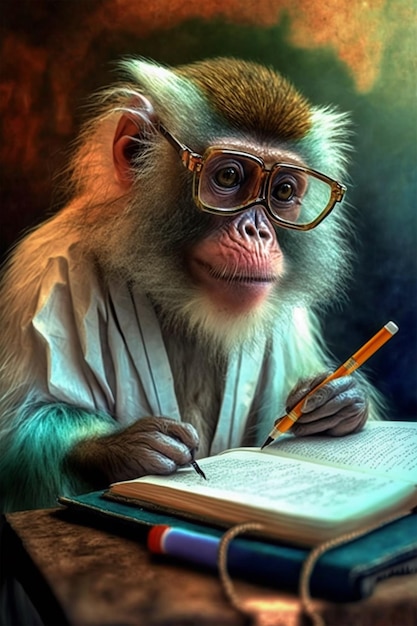 A monkey with glasses writing in a book