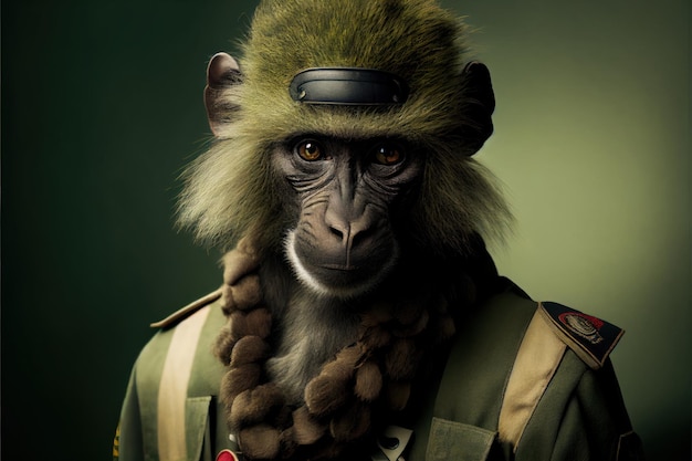 A monkey with a green jacket and a hat