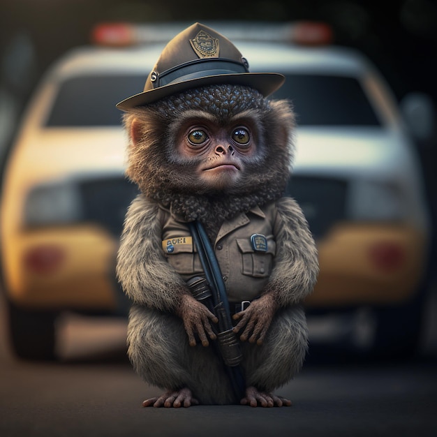 A monkey with a police hat is standing in front of a car.