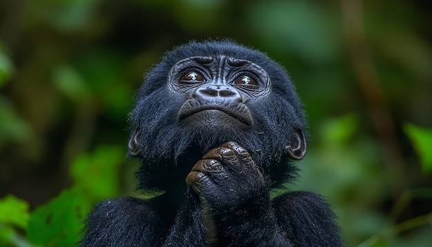 Photo a monkey with a sad expression looks up at the camera