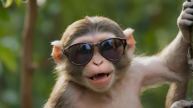 Photo a monkey with sunglasses on his face and a stick in his hand