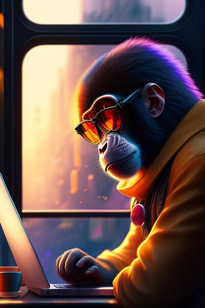 A monkey with sunglasses and a jacket is working on a laptop.