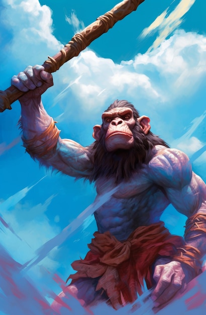 A monkey with a sword is standing in a blue sky.