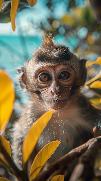 a monkey with a yellow flower in the background