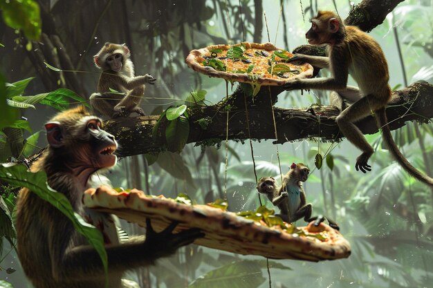 Photo monkeys making and delivering pizzas through the jungle canopy using vines to swing from tree to tree