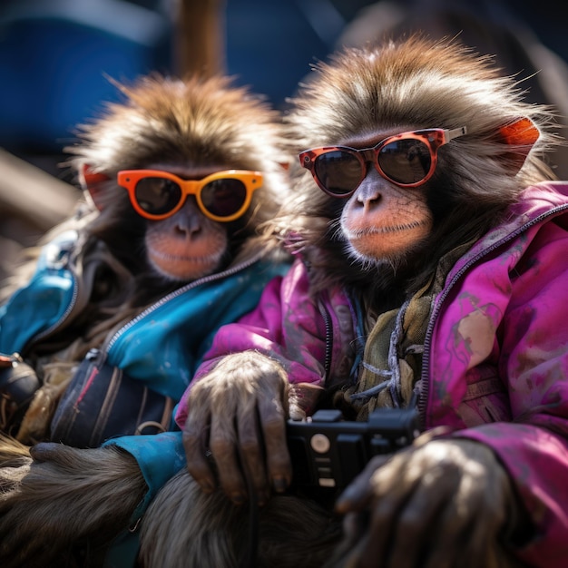 monkeys portrait with sunglasses Funny animals in a group together looking at the camera wearing clothes having fun together taking a selfie An unusual moment full of fun fashion consciousness