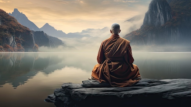 monks in meditation Tibetan monk from behind sitting on a rock near the water among misty mountains