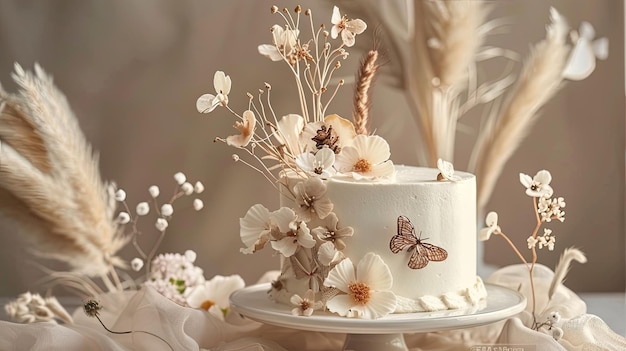 a monochromatic cake design featuring elements of joyous flora and fauna against a backdrop of serene monochromatic colors leaving ample space for text or messages