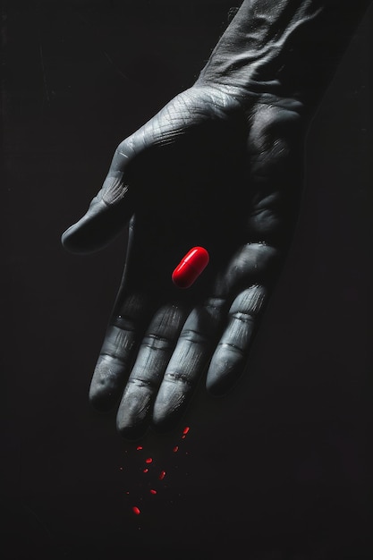 Monochromatic Hand Holding a Red Capsule Pill with Mysterious Red Glowing Particles