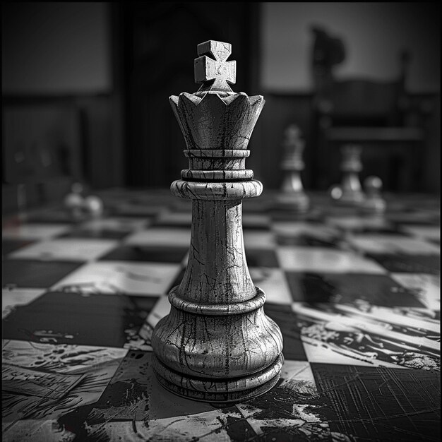 Photo a monochromatic image of a king chess piece on a chessboard