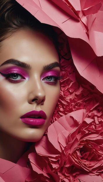 Monochromatic pink makeup on woman with soft lighting