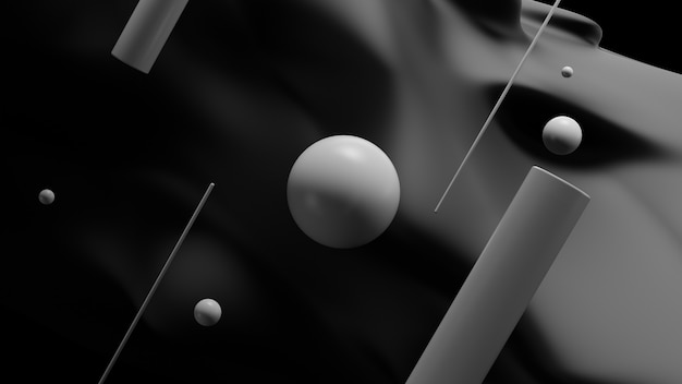 Monochrome 3d rendered abstract background with sphere and cylinders infront of wavy geometry.