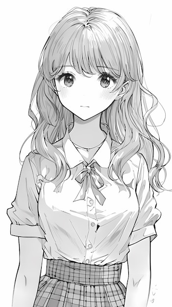 Photo monochrome animestyle girl with long hair wearing a shirt and plaid skirt looking content