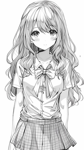 Photo monochrome animestyle girl with long hair wearing a shirt and plaid skirt looking content