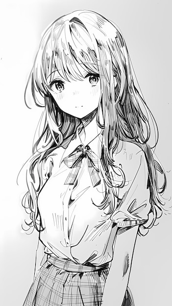 Photo monochrome animestyle girl with long hair wearing a shirt and plaid skirt looking content