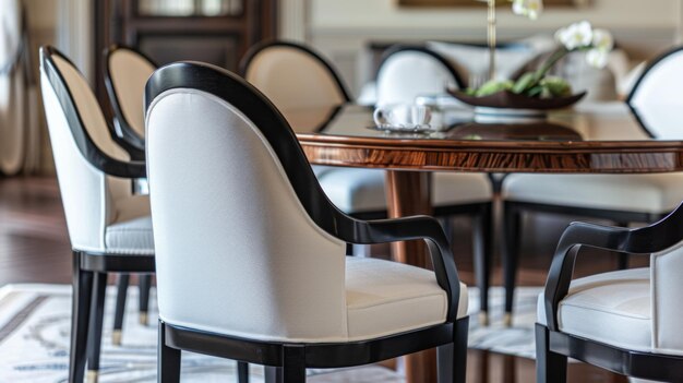 Monochrome chair with a white cushion positioned in front of a table Contemporary and sleek furniture ensemble