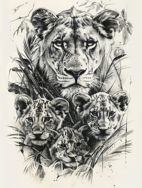 Monochrome detailed illustration of a lion and its cub filled with intricate aesthetic details