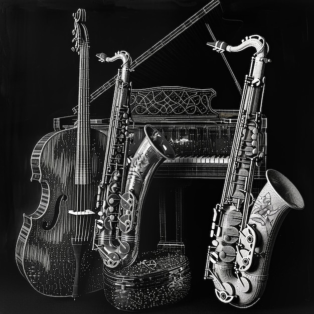 Photo monochrome dot display of musical instruments