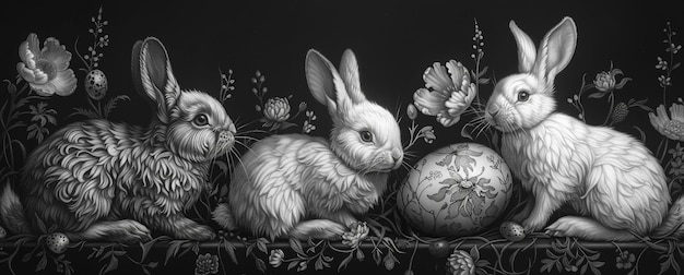 Monochrome drawing bunnies with blooming flowers and decorative egg on black background