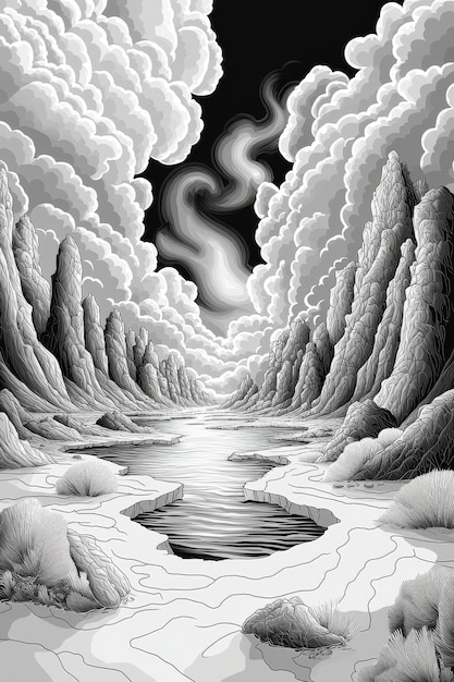 Monochrome Dreamscape A Surreal Valley with a Misty Sky