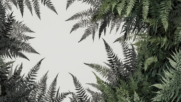 Photo monochrome ferns forming a circular frame on a light background creating a modern and abstract botanical design