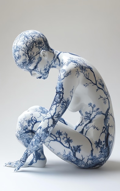 Photo a monochrome figure covered in intricate blue and white botanical designs resembling fine porcelain