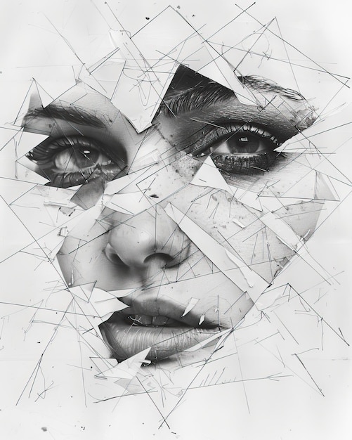 Monochrome fragmented portrait with crystalline structures overlaying a female face Artistic