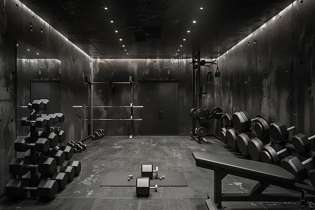 Monochrome gym photo with dumbbells bench and symmetry