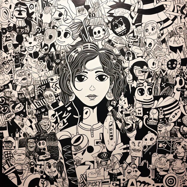 Photo monochrome illustration with girl and doodle art elements