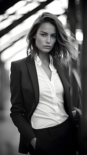 Monochrome Image of a Fashion Forward Woman in Stylish Suit Posing in Urban Environment