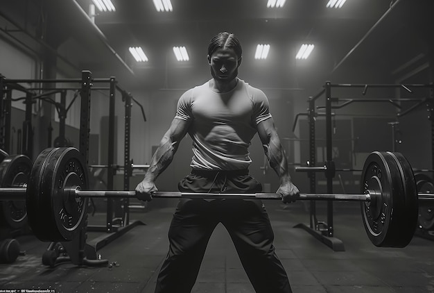 Monochrome image of a focused man preparing to lift a heavy barbell in a gym setting showcasing strength and determination