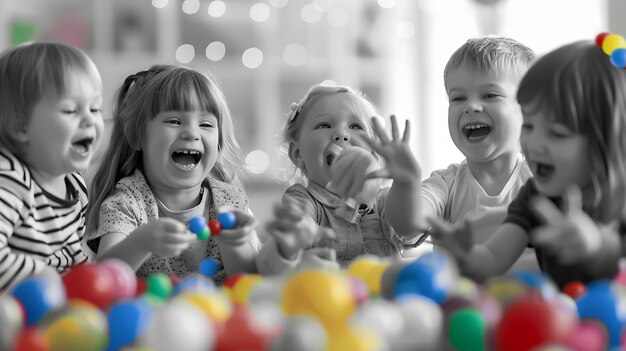 Photo monochrome image of little boys and girls kids player with colorful toys having fun generative ai