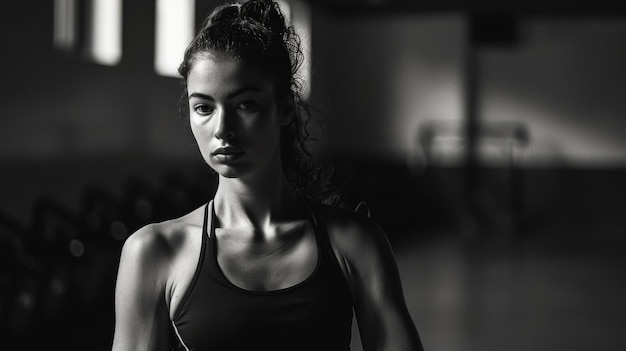 A monochrome image showing a woman exercising in a gym