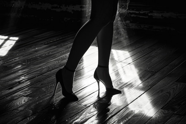 Photo monochrome image of womans legs in high heels on polished wooden floor