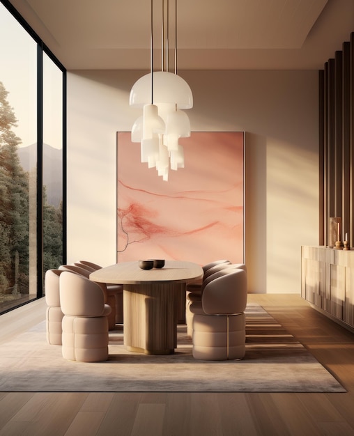 Monochrome interior of a dining room in modern contemporary scandinavian style furniture design