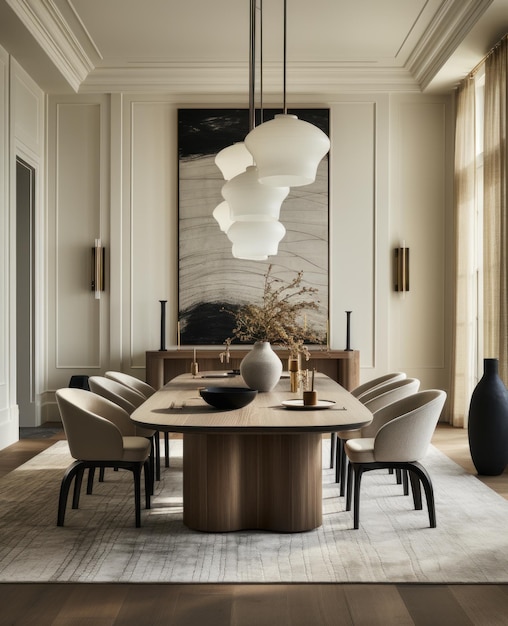 Monochrome interior of a dining room in modern contemporary scandinavian style furniture design