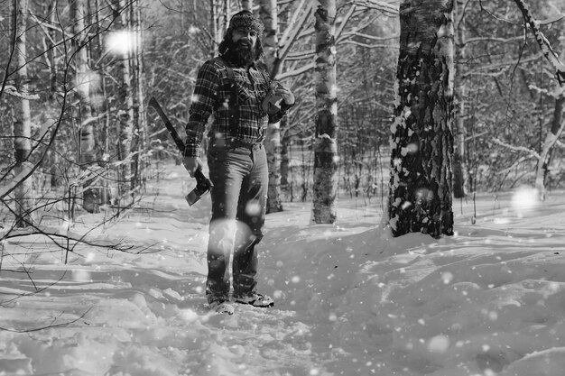 Monochrome landscape man with axe