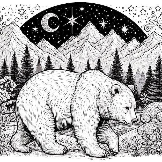 A Monochrome line art bear coloring page illustration